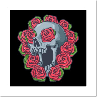 Gothic skull with red roses Posters and Art